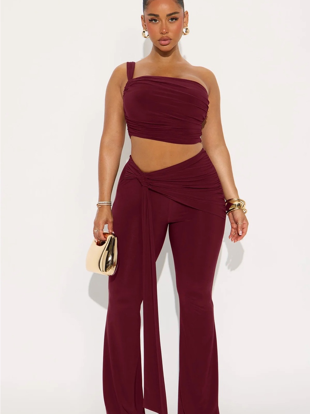 Fashion Nova One-Shoulder Crop Top & High-Waist Wide Leg Pants - Burgundy